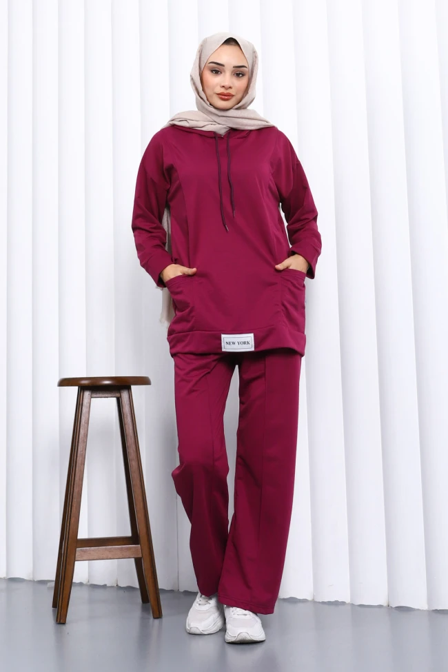 Mürdüm Önü Etiketli İki İplik Tesettür Takım