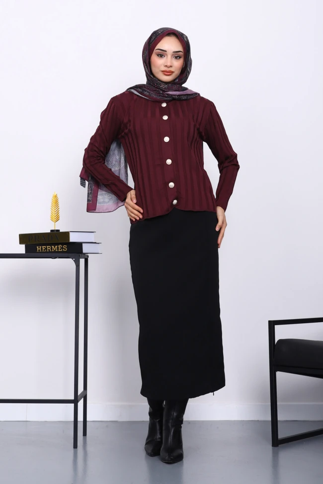 Mürdüm Soğuk İplik Düğmeli Hırka