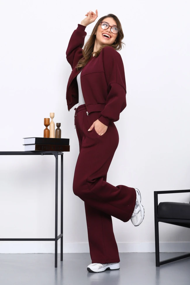 Mürdüm Üç İplik Sweat Hırka Pantolonlu Takım