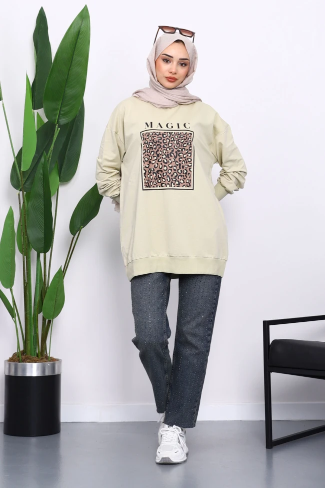 Olive Bisiklet Yaka Baskılı Sweat