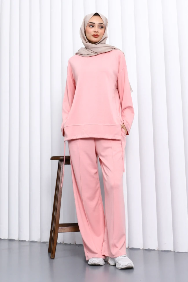 Pudra Ön Detaylı Modal Tunik Pantolonlu Takım