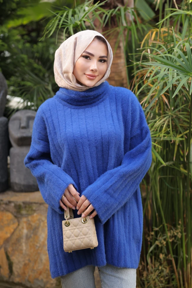 Saks Mavi Balıkçı Yaka Salaş Angora Yumoş Triko Tunik