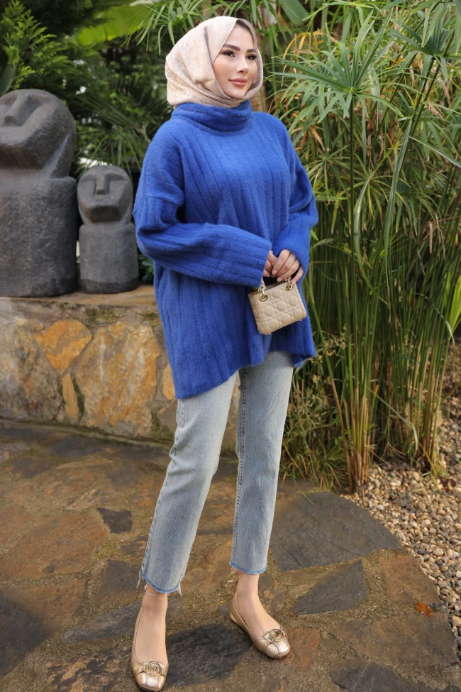 Saks Mavi Balıkçı Yaka Salaş Angora Yumoş Triko Tunik