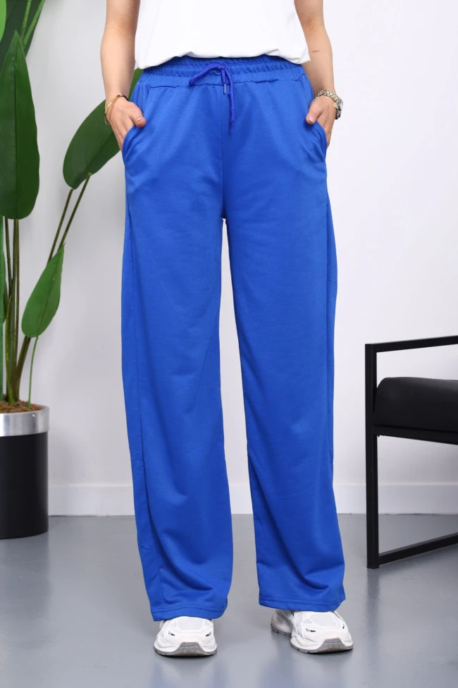 Saks Mavi Bel Lastikli İki İplik Palazzo Eşofman Alt