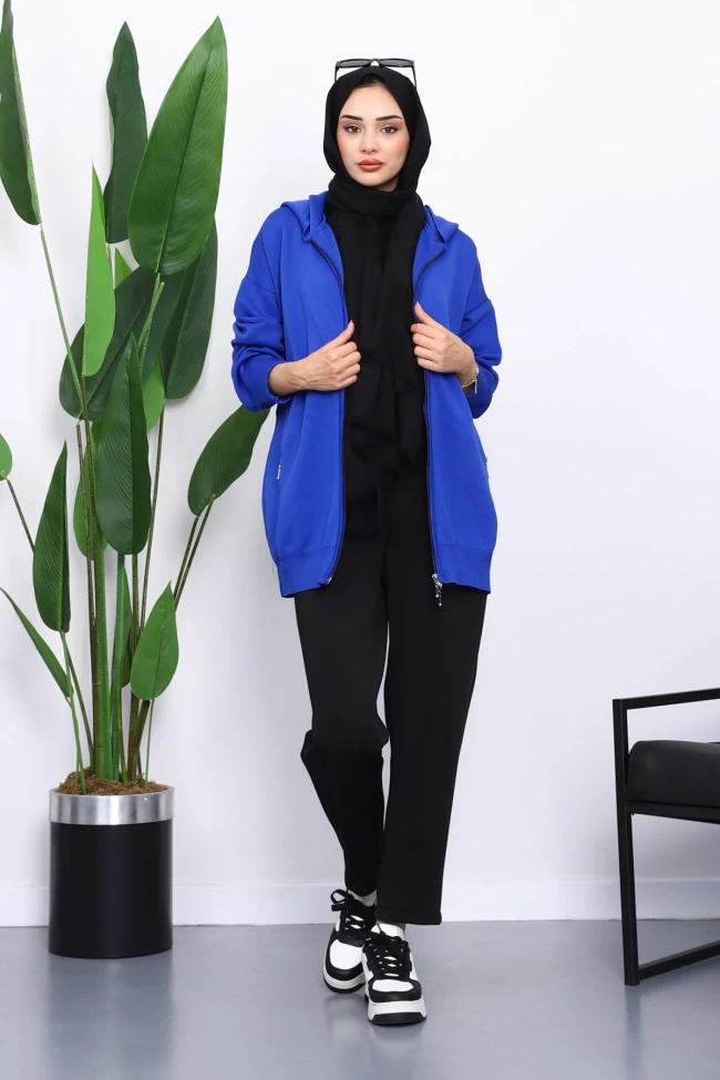 Saks Mavi Çift Cepli Fermuarlı Triko Hırka