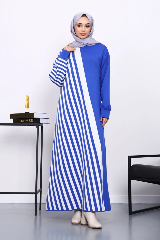 Saks Mavi Çizgili Triko Elbise