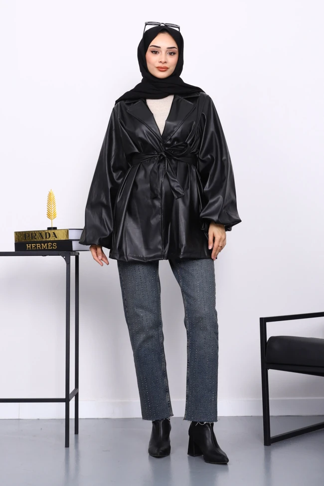 Siyah Balon Kol Kuşaklı Deri Ceket