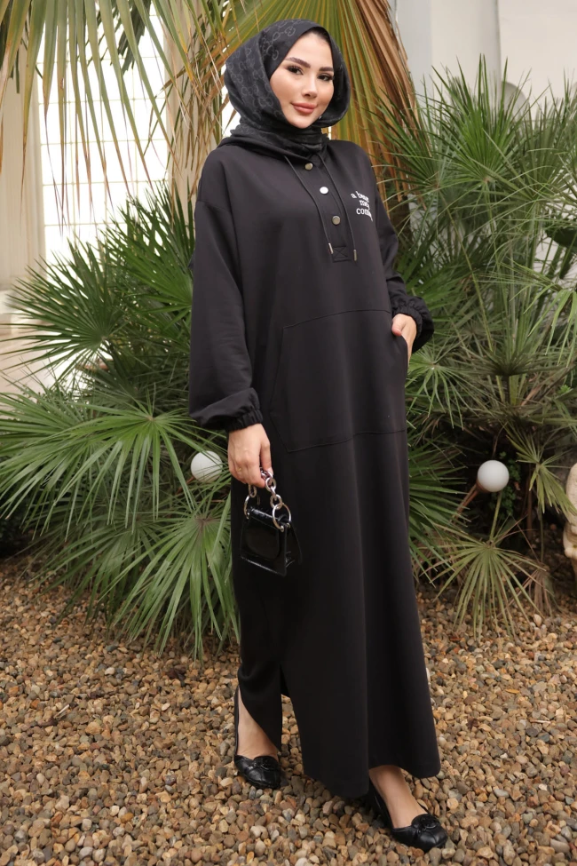 Siyah Baskılı Kapüşonlu İki İplik Elbise