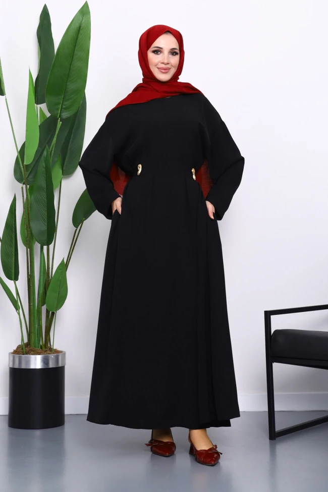 Siyah Bel Bağlamalı Piliseli Elbise