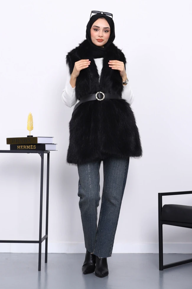 Siyah Bel Kemerli Çift Cepli Kürk Yelek