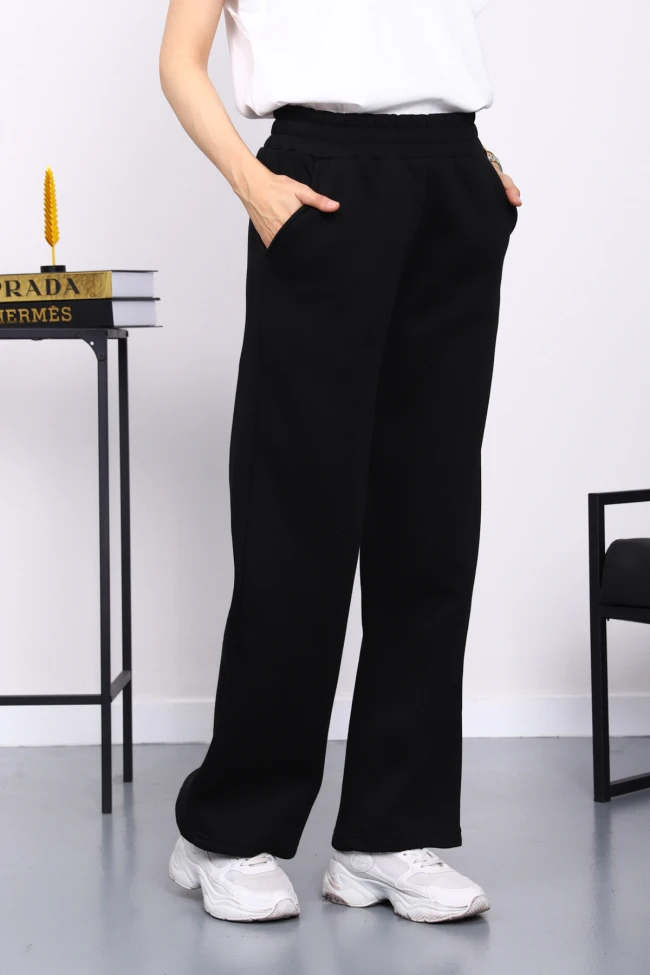 Siyah Bel Lastikli Şardonlu Eşofman Altı