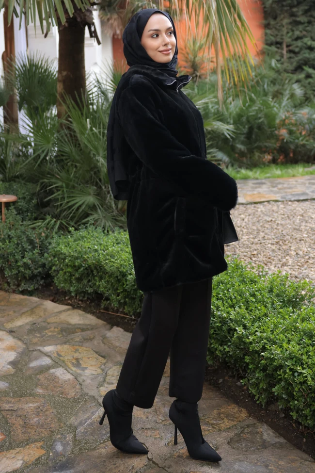 Siyah Beli İpli Flato Cepli Fermuarlı Peluş Mont