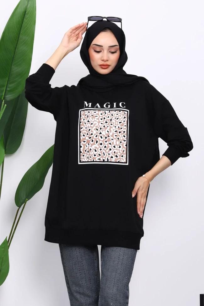 Siyah Bisiklet Yaka Baskılı Sweat