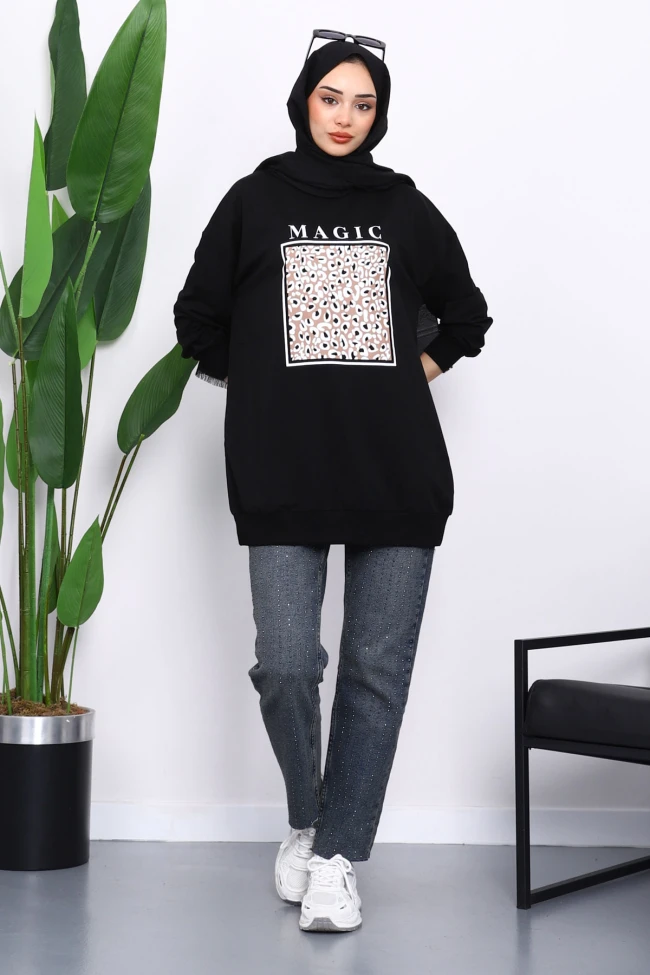 Siyah Bisiklet Yaka Baskılı Sweat