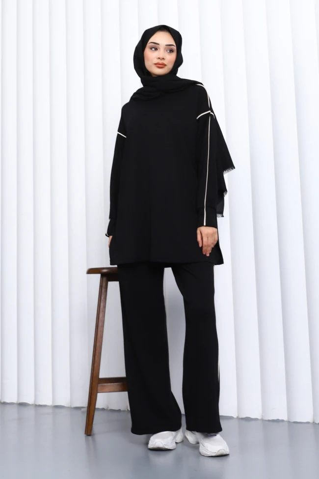 Siyah Biyeli Tunik Pantolonlu Modal Takım