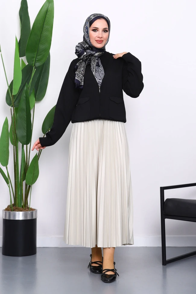 Siyah Çift Cepli Fermuarlı Triko Hırka