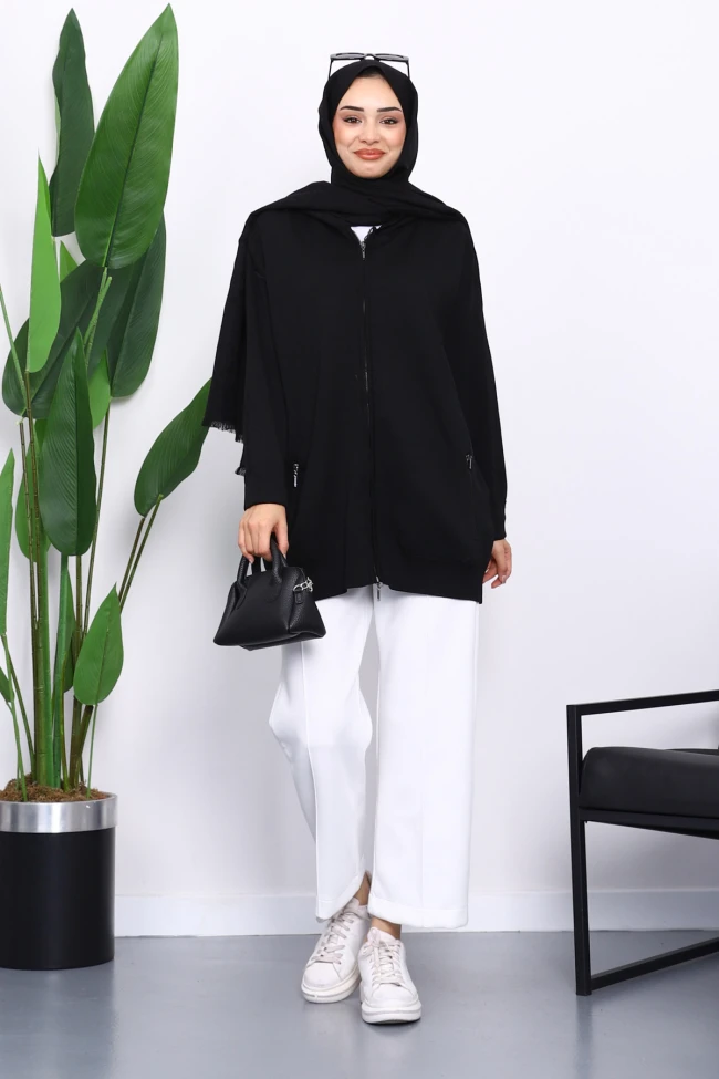 Siyah Çift Cepli Fermuarlı Triko Hırka