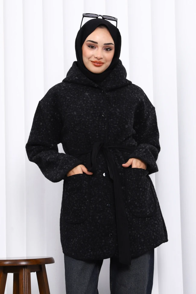 Siyah Çırçıtlı Kuşaklı Kaşe Ceket