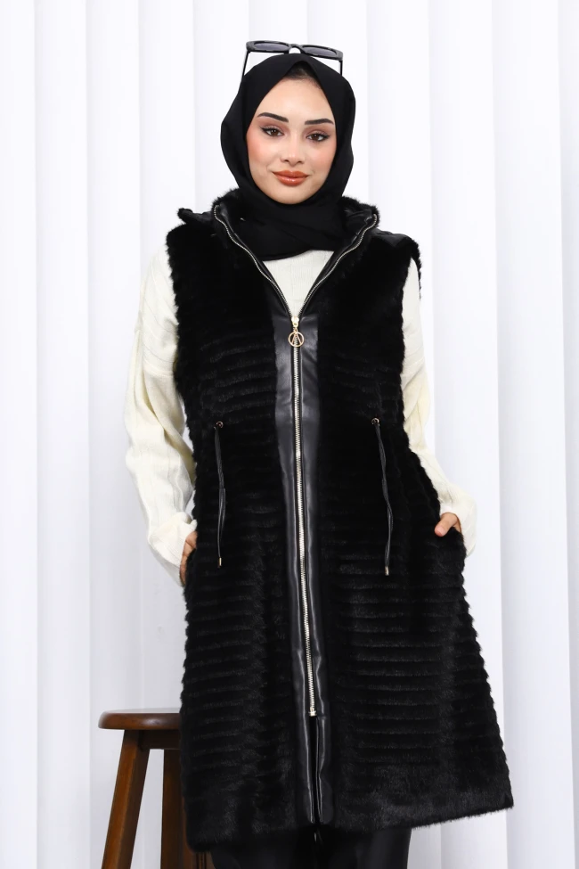 Siyah Deri Garnili Angora Yumoş Yelek