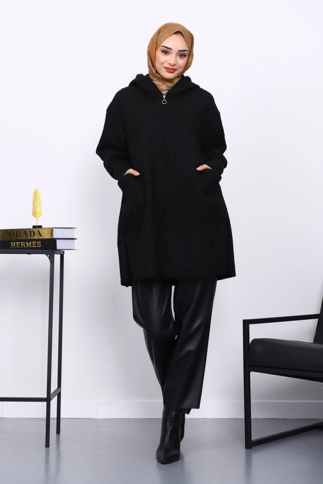 Siyah Fermuarlı Cepli Buklet Kaban