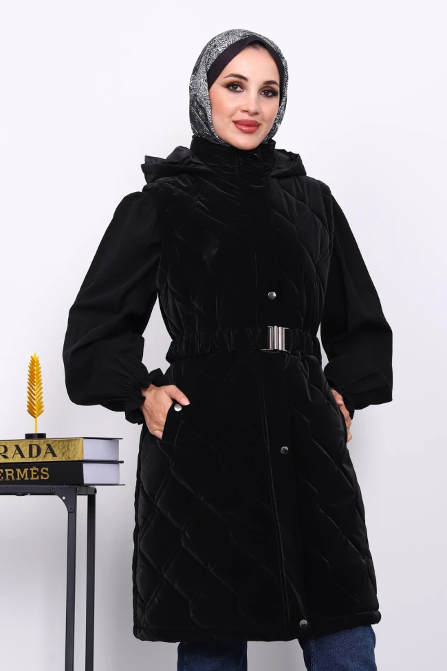 Siyah Kapşonlu Kemerli Şişme Yelek