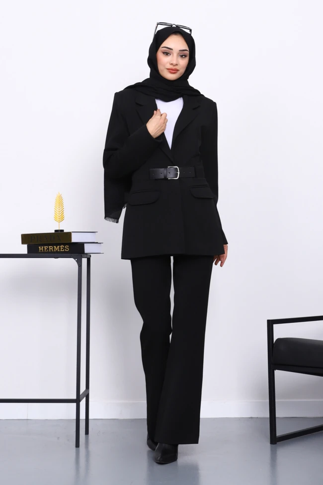 Siyah Kemerli Blazer Ceket Pantolonlu Takım