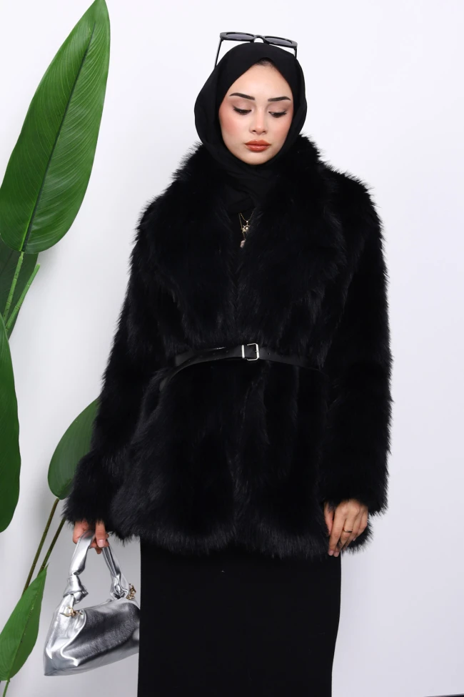 Siyah Kemerli Kısa Kürk Kaban