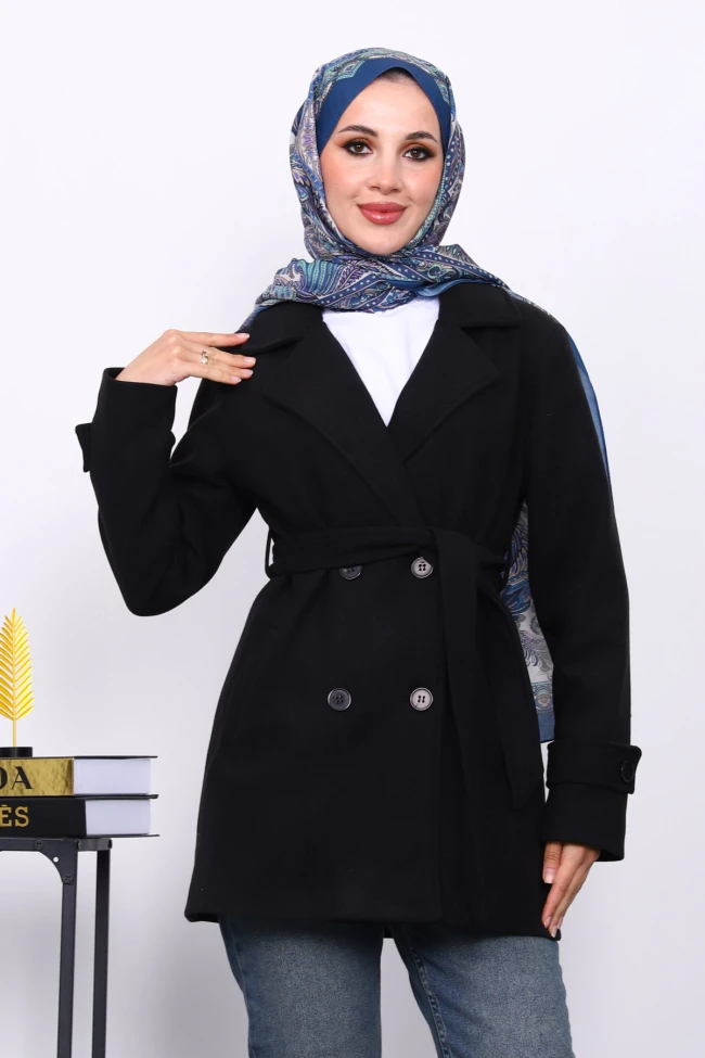Siyah Kruvaze Yaka Çift Düğmeli Kaşe Kaban