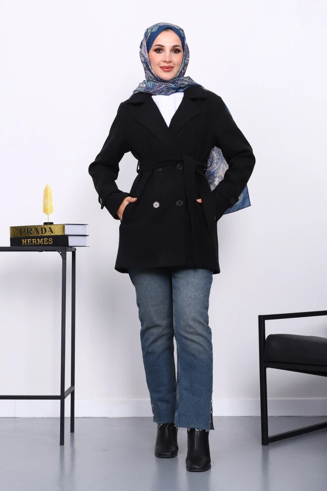 Siyah Kruvaze Yaka Çift Düğmeli Kaşe Kaban