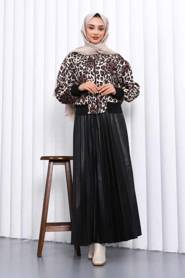 Siyah Leopar Desenli Ceket Etekli Takım