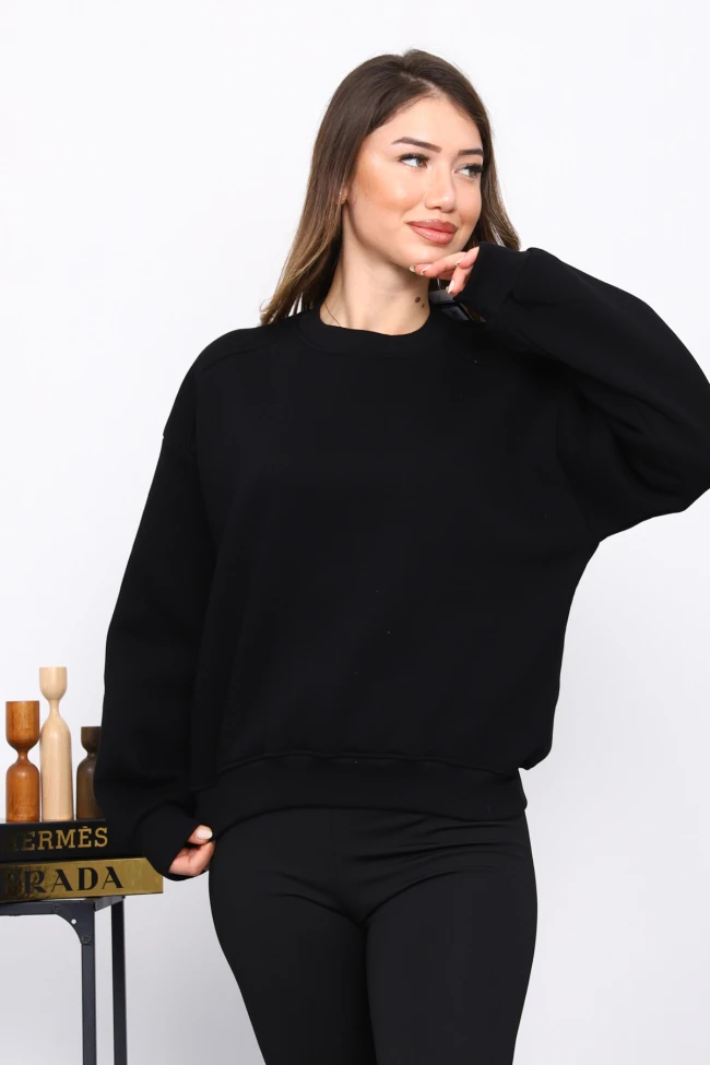 Siyah Omuz Parçalı Basic Üç İplik Sweat