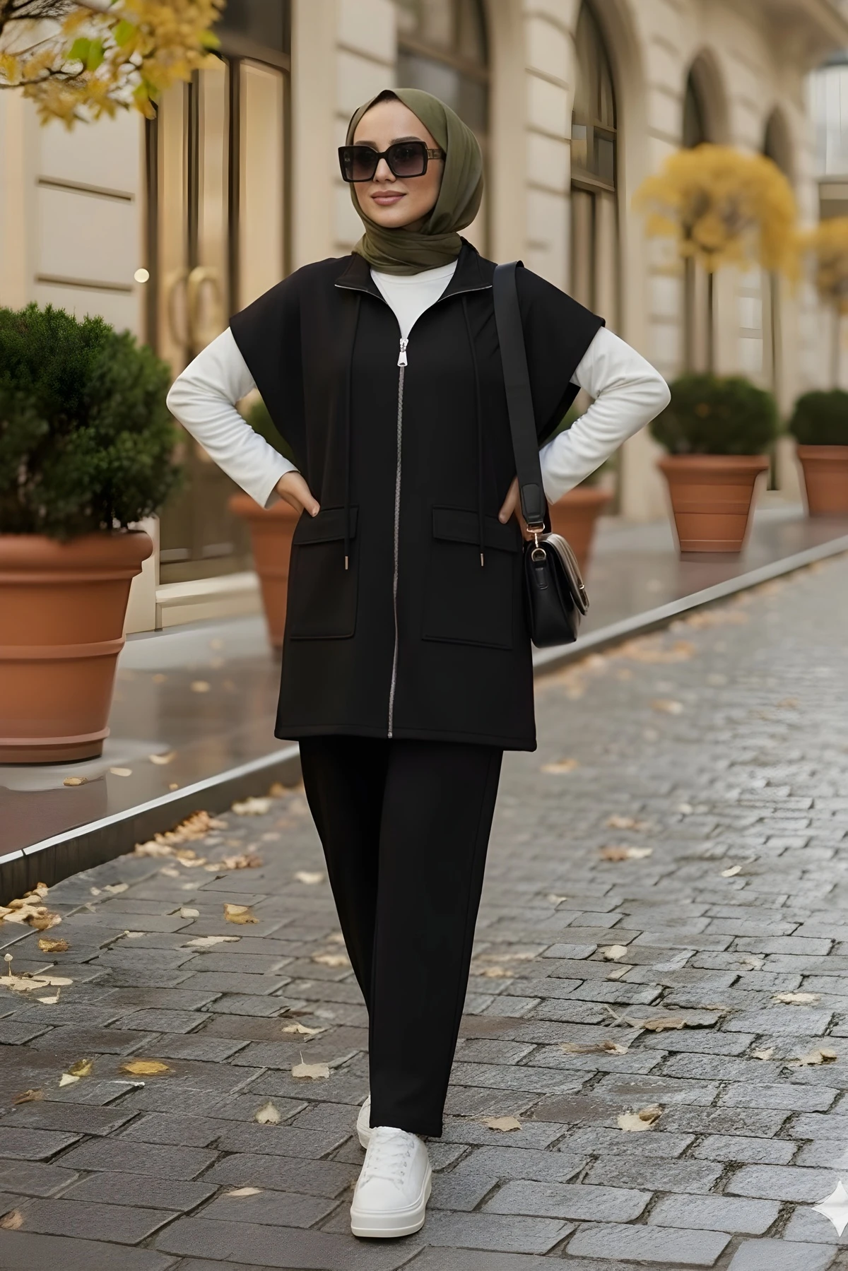 Siyah Scuba Yelek Pantolonlu Üçlü Takım