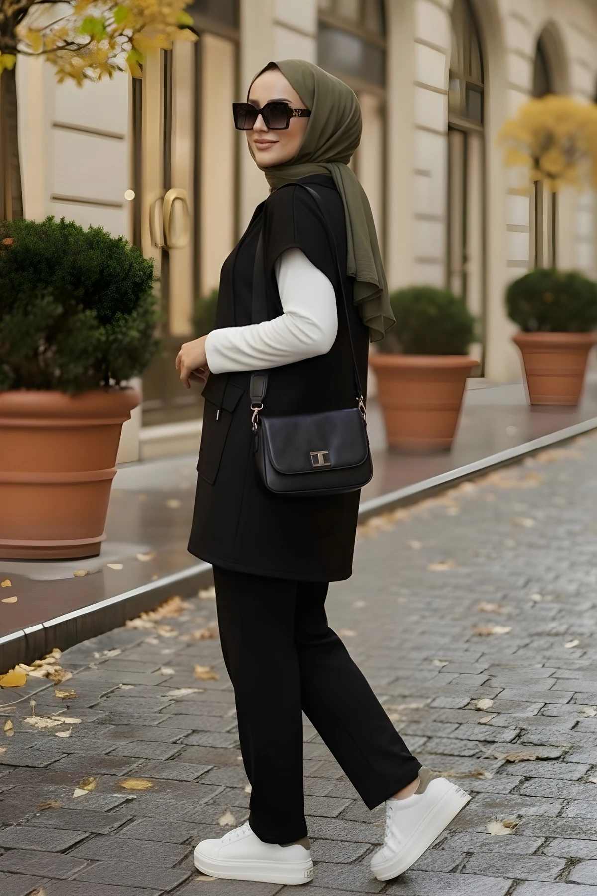 Siyah Scuba Yelek Pantolonlu Üçlü Takım