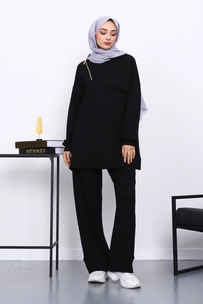 Siyah Tek Cepli Tunik Pantolonlu Modal Takım