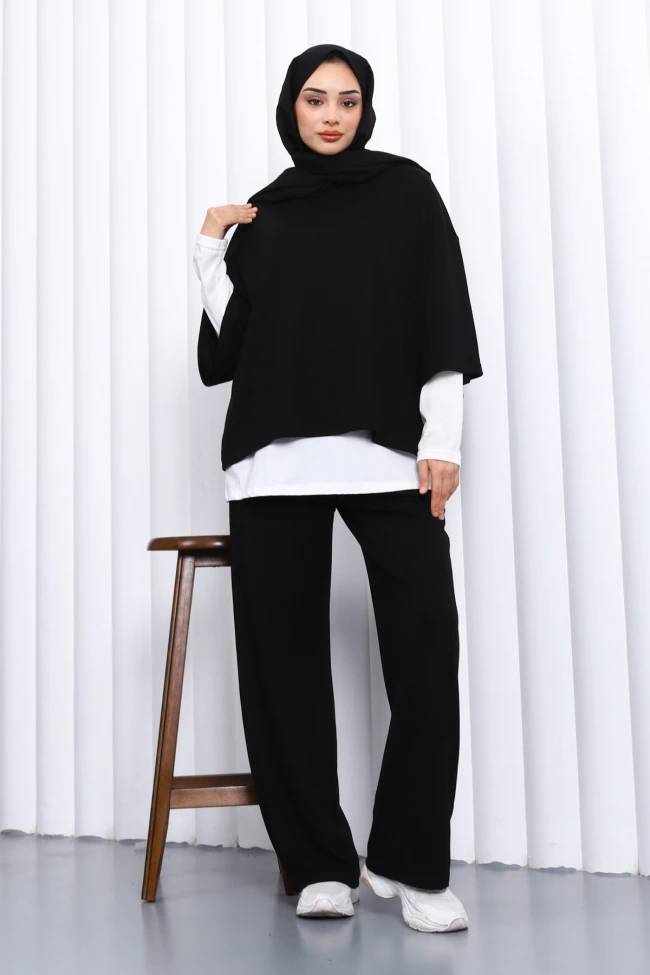 Siyah Tişört İçlik Pantolonlu Üçlü Kombin Takım