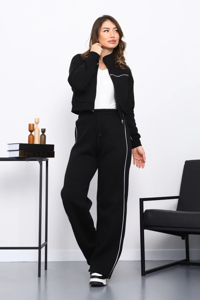 Siyah Üç İplik Sweat Hırka Pantolonlu Takım