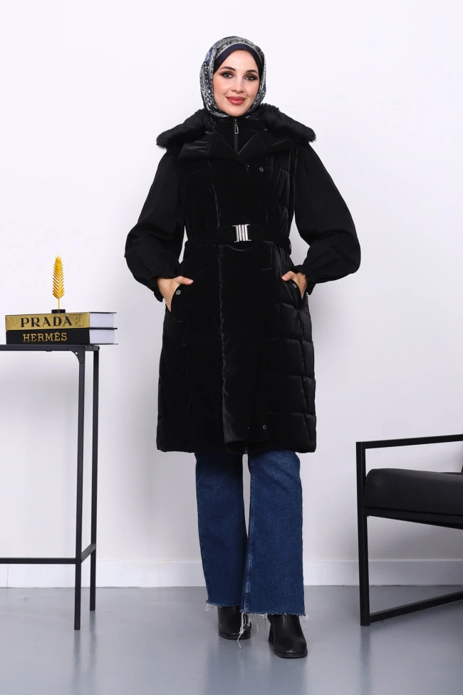 Siyah Yaka Kürklü Lastik Kemerli Uzun Şişme Yelek