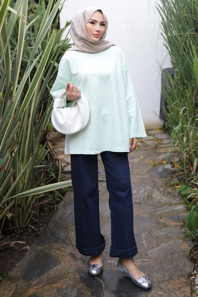 Su Yeşili Bisiklet Yaka Oversize İki İplik Tunik