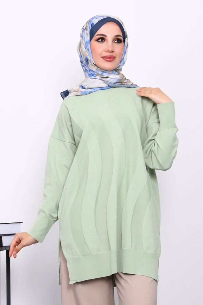 Su Yeşili Bisiklet Yaka Soğuk İplik Triko Tunik
