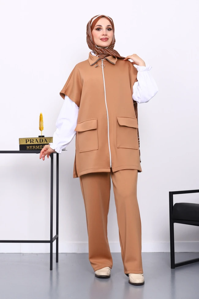 Taba Fermuarlı Yelek Pantolonlu Scuba Takım