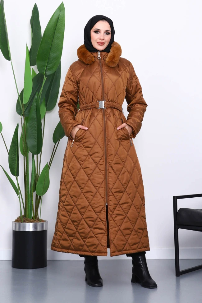 Taba Kapüşonlu Kapitone Uzun Şişme Mont