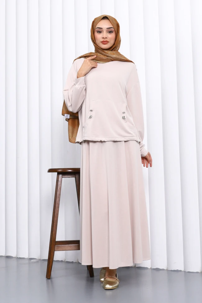 Taş Cepli Bluz Etekli Takım