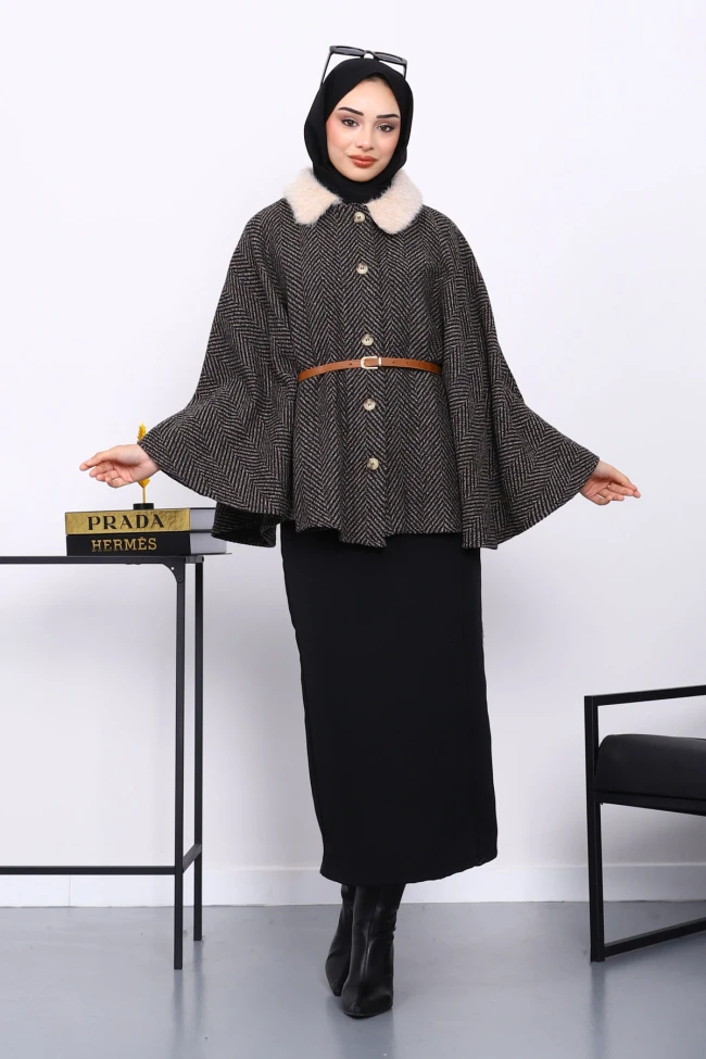 Vizon Yaka Kürklü Kemerli Panço