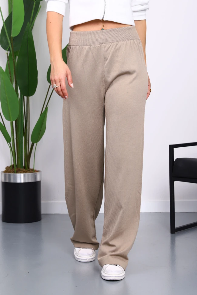 Vizon Yüksek Bel Fitilli Bol Paça Triko Pantolon