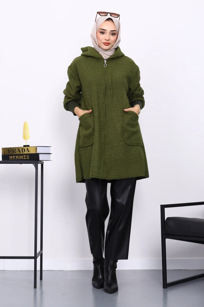 Yağ Yeşili Fermuarlı Cepli Buklet Kaban