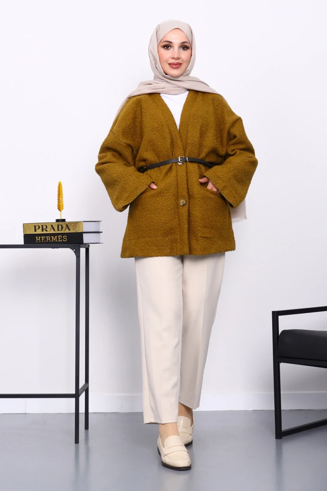 Yağ Yeşili Kemerli Oversize Buklet Ceket