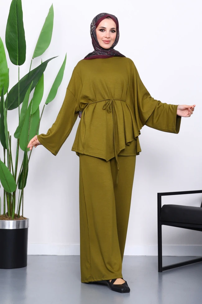 Yağ Yeşili Pelerin Detaylı Tunik Pantolonlu Takım