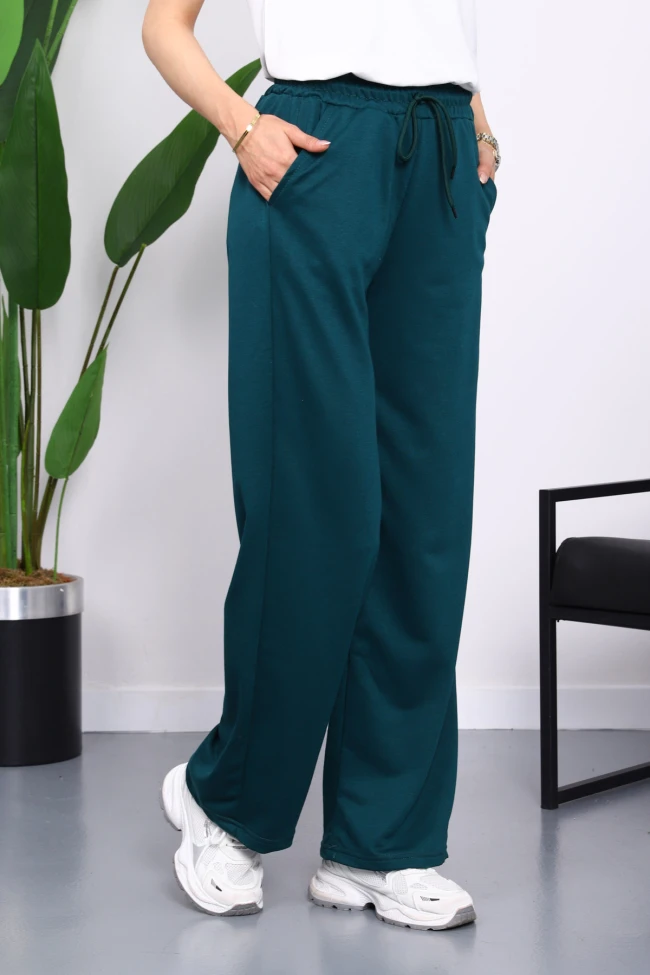 Zümrüt Yeşili Bel Lastikli İki İplik Palazzo Eşofman Alt