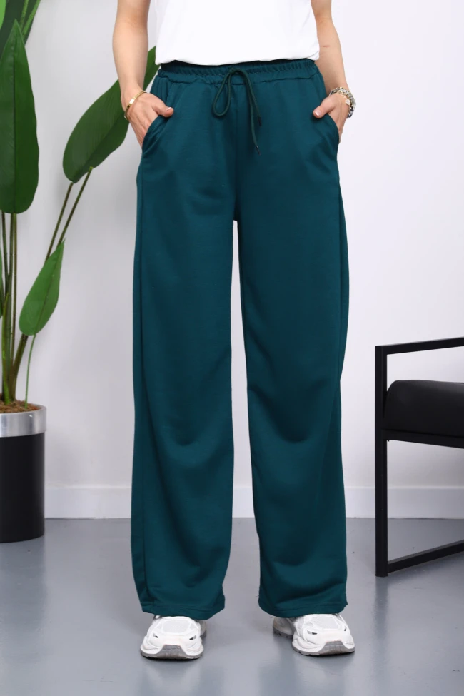 Zümrüt Yeşili Bel Lastikli İki İplik Palazzo Eşofman Alt