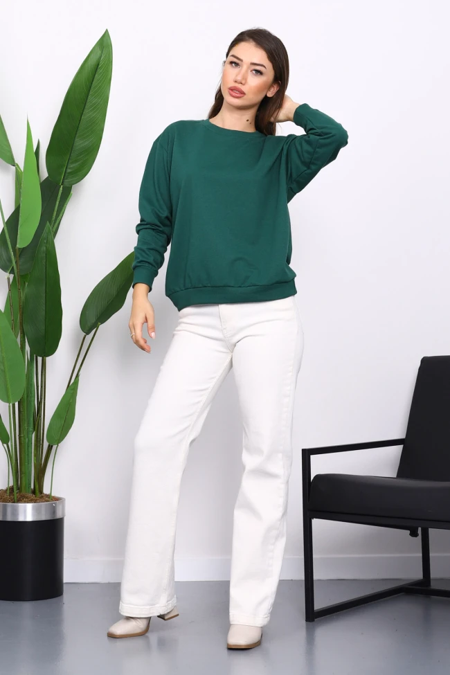 Zümrüt Yeşili Bisiklet Yaka İki İplik Sweatshirt